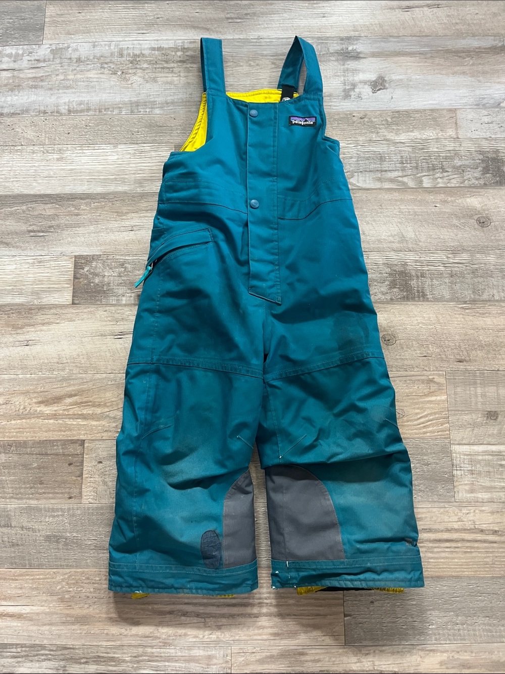 Patagonia Teal Kids Snow Overalls with Yellow Lining